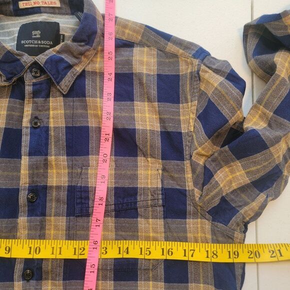 Scotch and Soda Flannel Button Down Shirt Mens S Long Sleeve Blue Gold Plaid - Picture 11 of 14